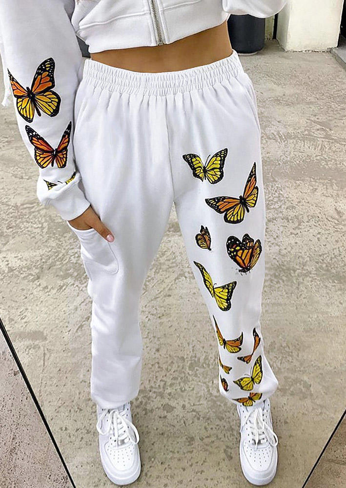 

Pants Butterfly Pocket Elastic Waist Sweatpants in White. Size: ,M,L,XL
