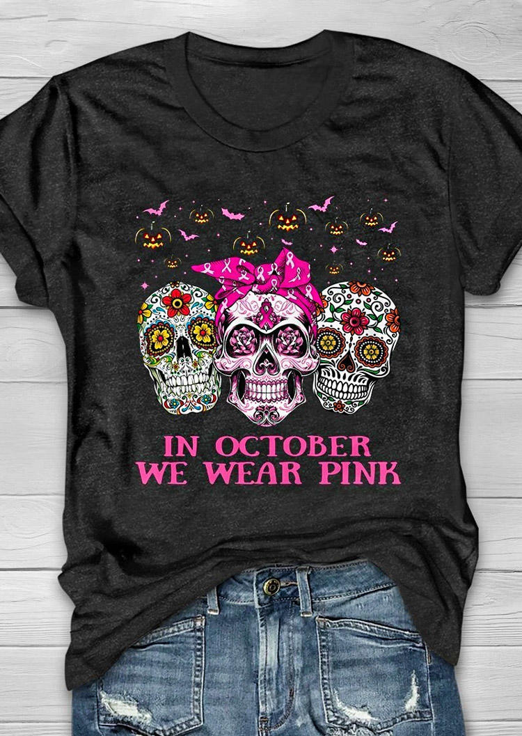 T-shirts Tees Pumpkin Face Skull In October We Wear Pink T-Shirt Tee - Dark Grey in Gray. Size: S