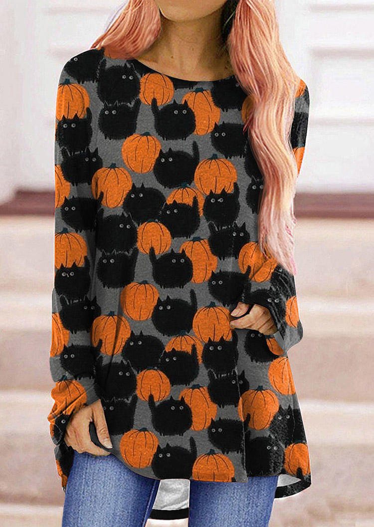 

Blouses Halloween Pumpkin Cat Long Sleeve Blouse in Multicolor. Size