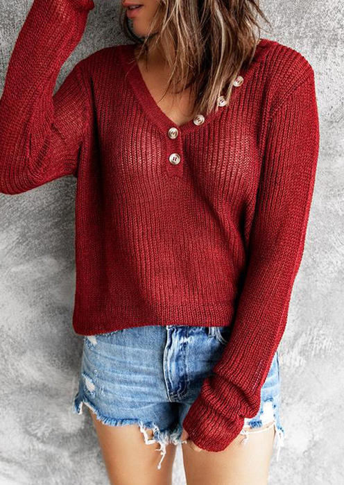 Sweaters Button Knitted Long Sleeve V-Neck Sweater in Burgundy. Size: M,L,XL