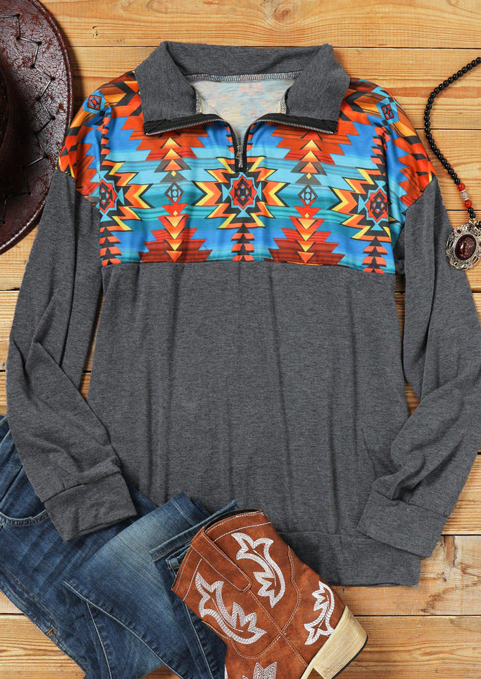 

Sweatshirts Aztec Geometric Zipper Collar Pullover Sweatshirt in Dark Grey. Size: M