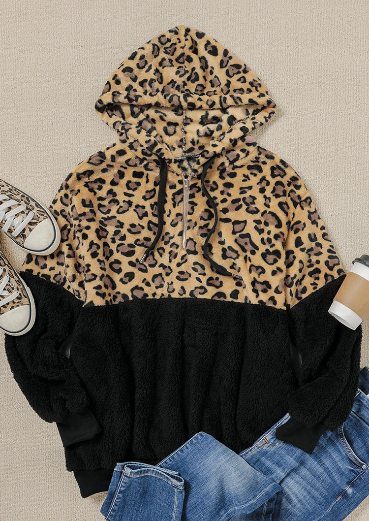 

Hoodies Leopard Zipper Collar Long Sleeve Hoodie in Leopard. Size