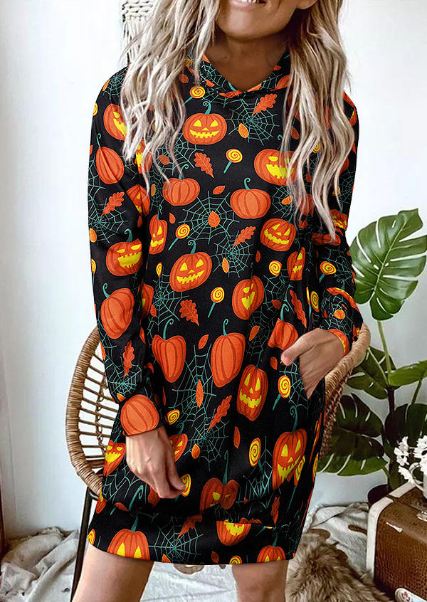 

Mini Dresses Halloween Pumpkin Pocket Hooded Mini Dress in Black. Size: ,M,L,XL