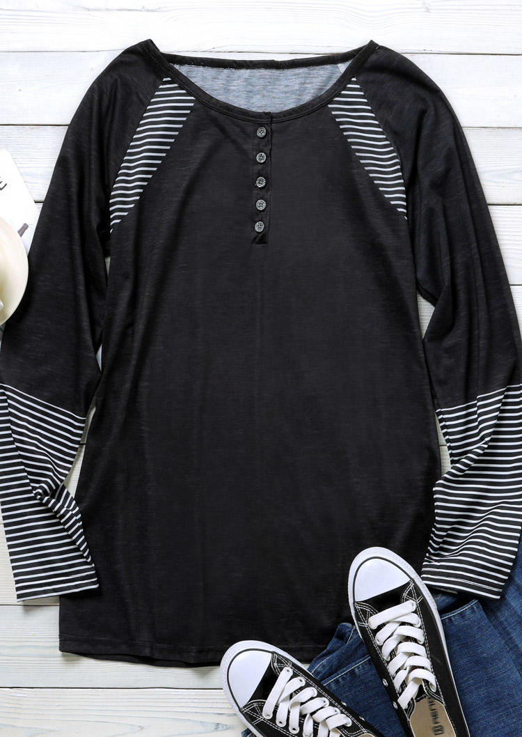 

Blouses Striped Button Long Sleeve Blouse in Black. Size