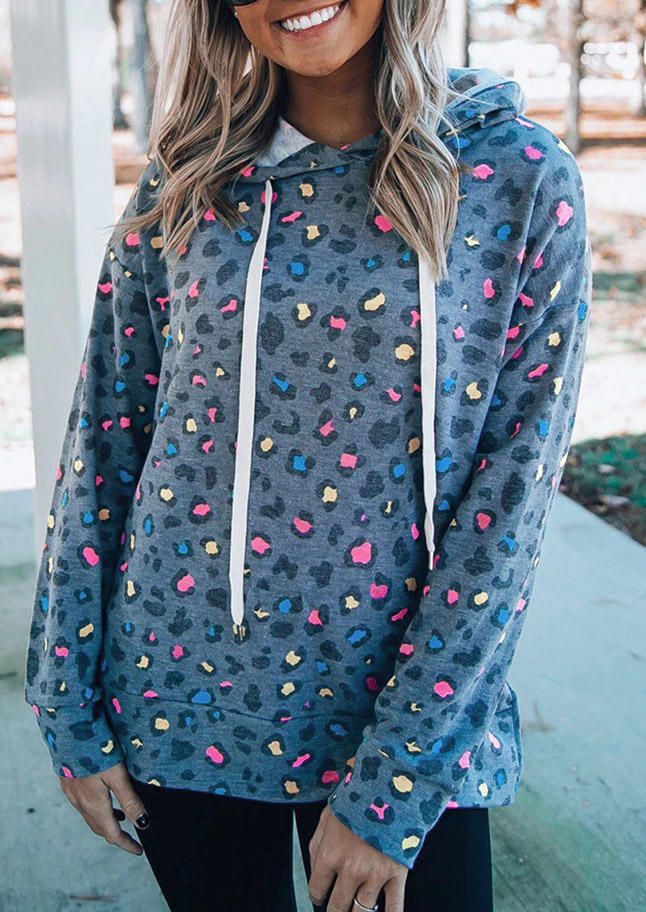 

Hoodies Leopard Drawstring Drop Shoulder Pullover Hoodie in Gray. Size