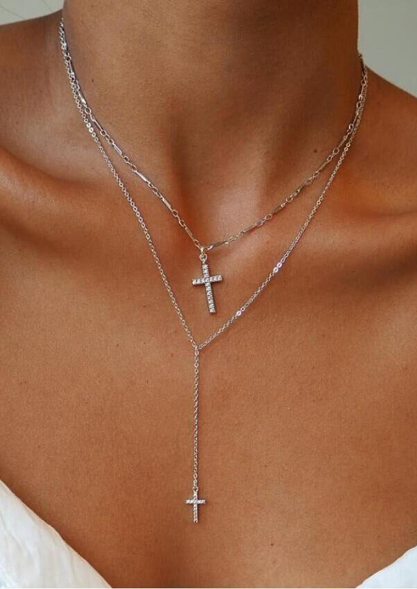 

Necklaces Long Chain Cross Pendant Dual-Layered Alloy Necklace in Silver. Size