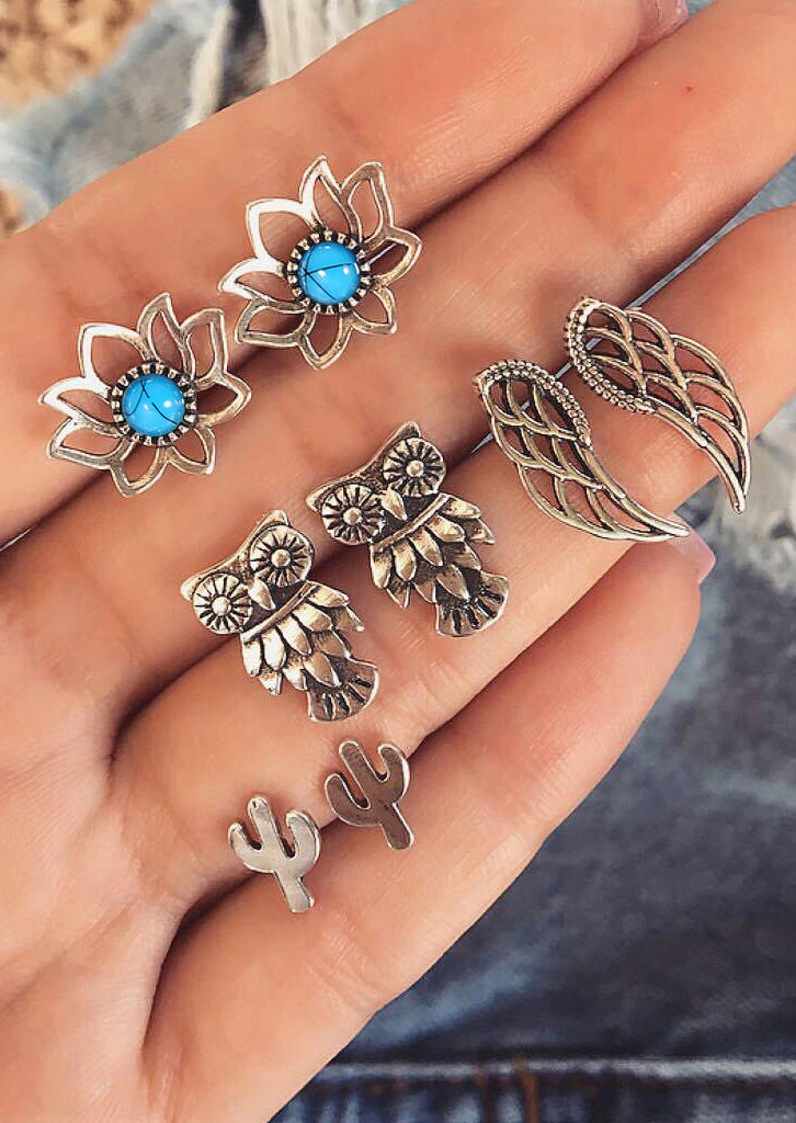 

Earrings 8Pcs Bohemian Turquoise Owl Wing Earring Set in Silver. Size