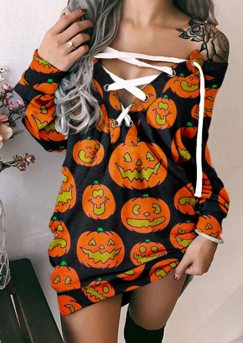 Mini Dresses Pumpkin Face Lace Up Mini Dress in Multicolor. Size: L,M,S,XL