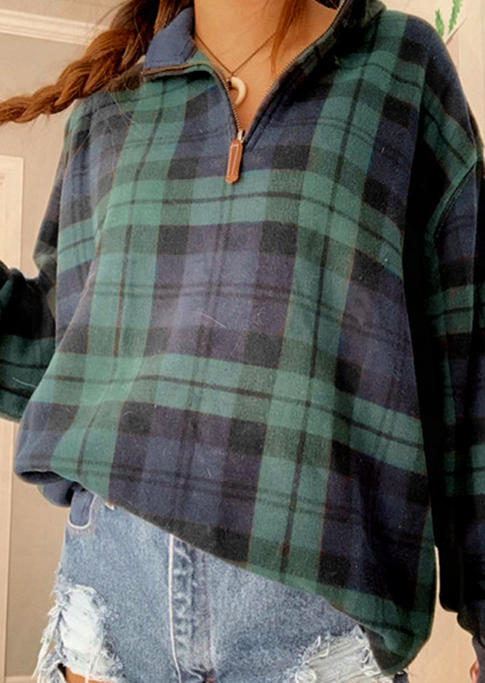 

Sweatshirts Plaid Zipper Long Sleeve Sweatshirt in Cyan. Size: ,M,L,XL