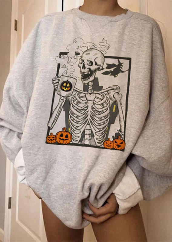 Sweatshirts Pumpkin Face Skeleton Long Sleeeve Sweatshirt - Beige in Apricot. Size: S