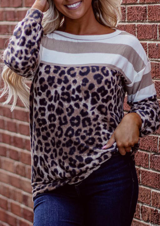 Leopard Striped Splicing Long Sleeve Blouse
