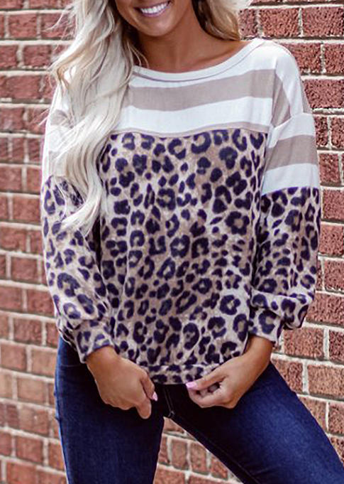 Blouses Leopard Striped Splicing Long Sleeve Blouse in Multicolor. Size: L,S,XL