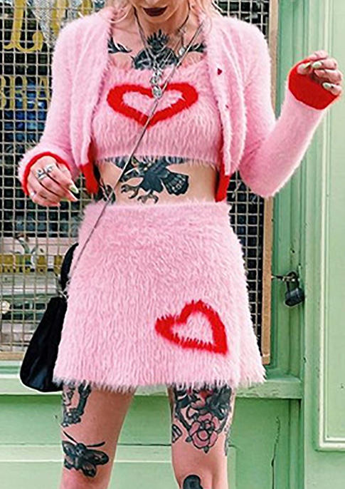 

Two-Piece Sets Heart Crop Top Cardigan Skirt Set in Pink. Size: ,M,L