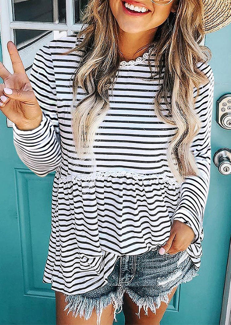 

Blouses Striped Lace Long Sleeve Blouse in Stripe. Size