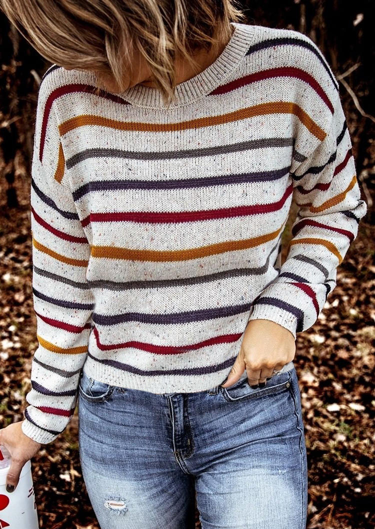 Sweaters Coloful Striped O-Neck Long Sleeve Sweater in Multicolor. Size: XL