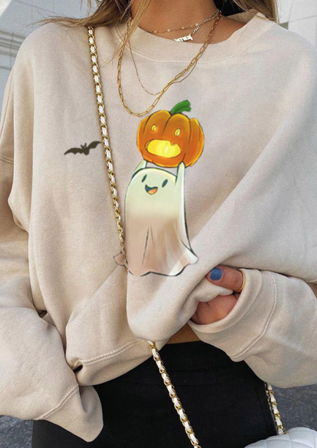 Halloween Pumpkin Ghost Pullover Sweatshirt - Beige