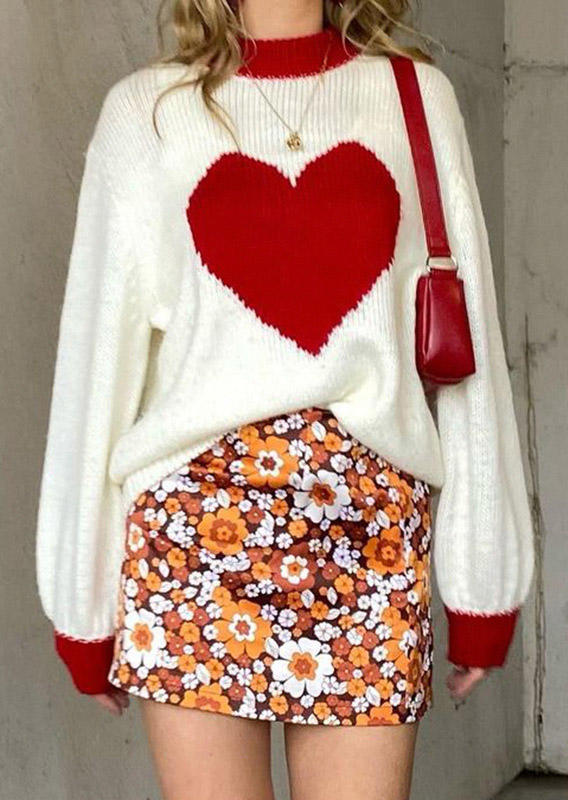 

Sweaters Heart Drop Shoulder Pullover Knitted Sweater in White. Size: ,M,L