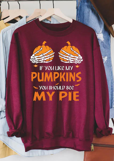 

Sweatshirts Halloween Funny Pumpkin Skeleton Hand Sweatshirt in Burgundy. Size: ,M,L,XL