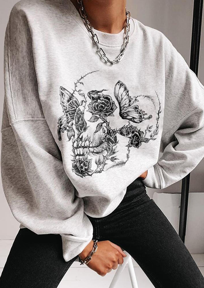 

Sweatshirts Halloween Skeleton Butterfly Floral Sweatshirt in Light Grey. Size