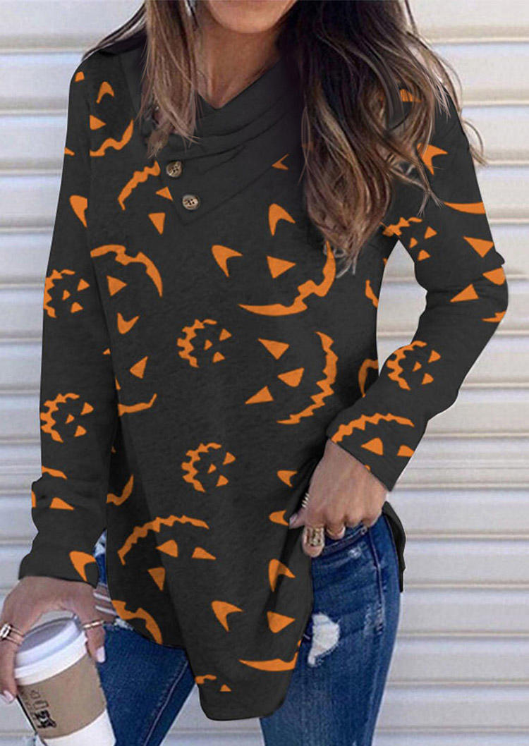 Halloween Pumpkin Face Button Long Sleeve Blouse - Black