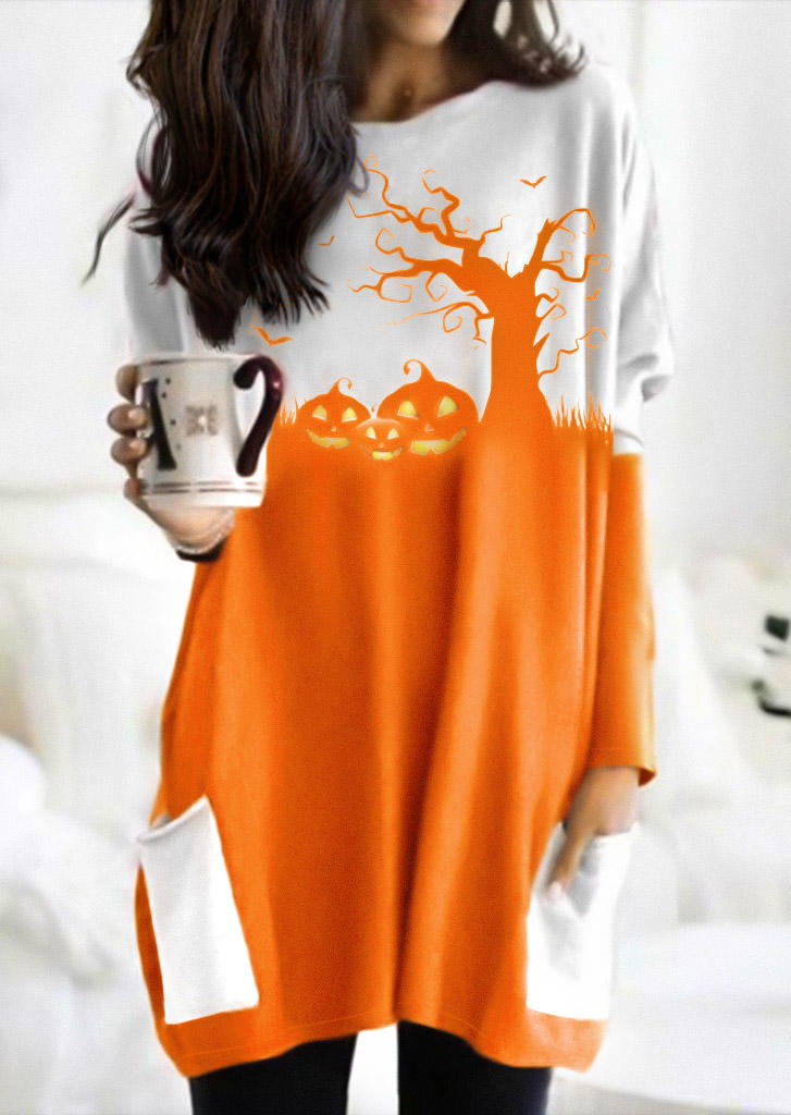 

Mini Dresses Halloween Pumpkin Face Pocket Mini Dress in Orange. Size: ,M,L,XL