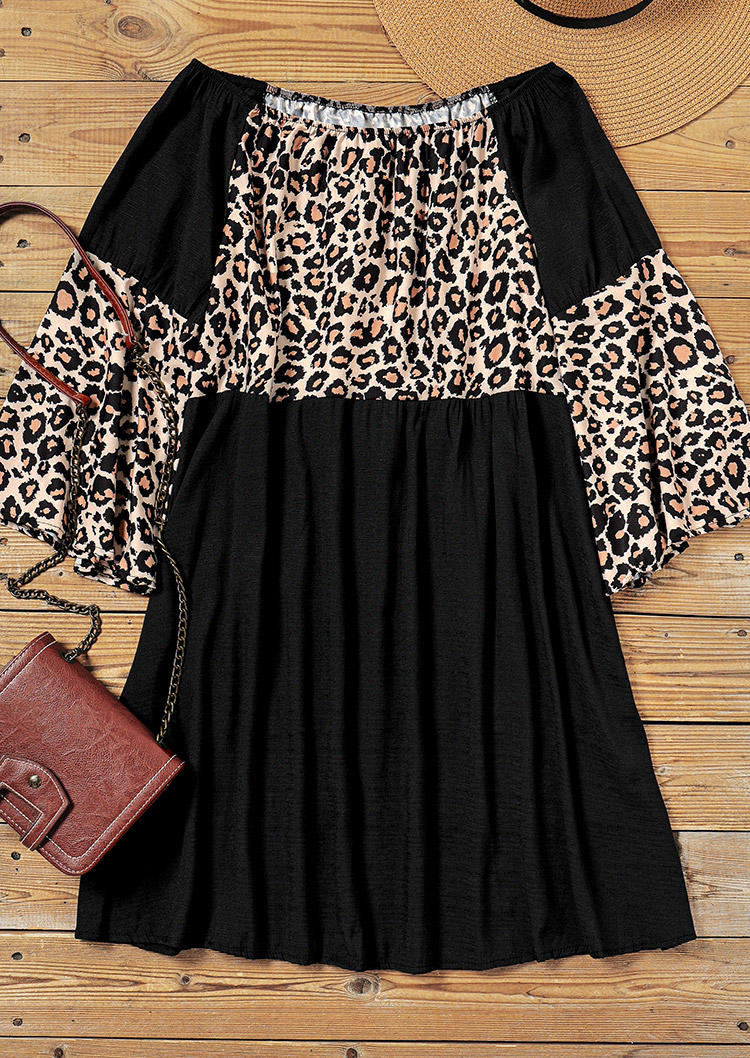 

Mini Dresses Leopard Ruffled Off Shoulder Mini Dress in Black. Size