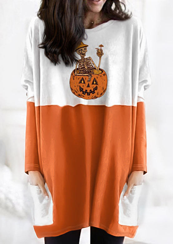 

Mini Dresses Halloween Pumpkin Face Skull Pocket Mini Dress in Orange. Size