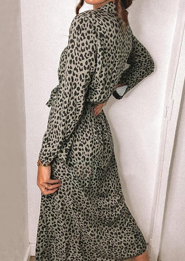 Leopard Turn-Down Collar Slit Long Sleeve Midi Dress