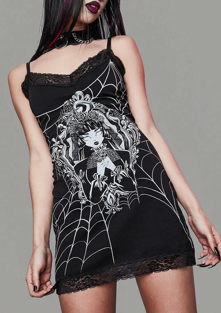 

Mini Dresses Halloween Witch Spider Web Lace Splicing Mini Dress in Black. Size: ,M,L,XL