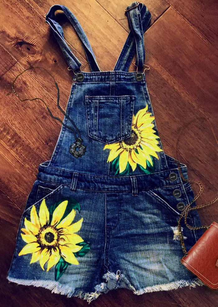 Jumpsuits & Rompers Sunflower Pocket Button Denim Overall Romper in Blue. Size: L,M,S