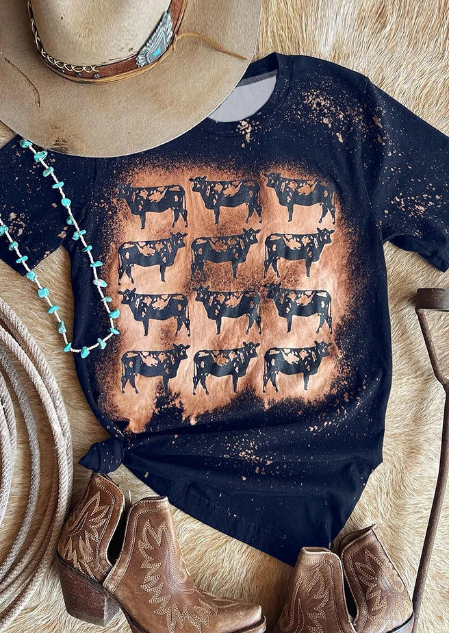 T-shirts Tees Western Cattle Bleached T-Shirt Tee in Navy Blue. Size: L,XL