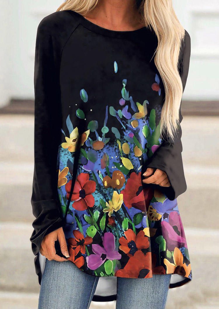 

Blouses Floral O-Neck Long Sleeve Blouse in Black. Size