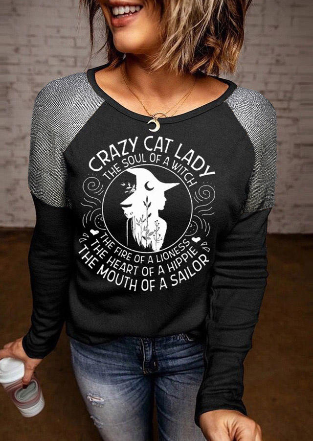 

Blouses Halloween Crazy Cat Lady O-Neck Blouse in Black. Size: ,M,L,XL