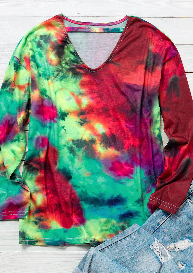 

Blouses Reverse Tie Dye Rainbow Keyhole Neck Blouse in Rose Red. Size