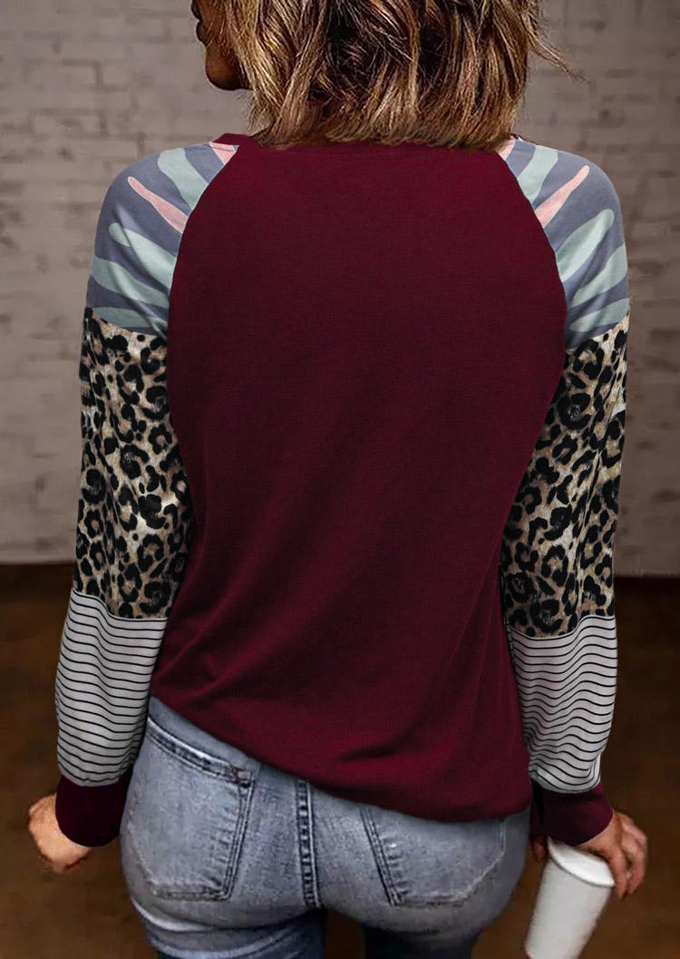 Blouses Camouflage Striped Leopard Splicing Blouse in Burgundy. Size: S,M