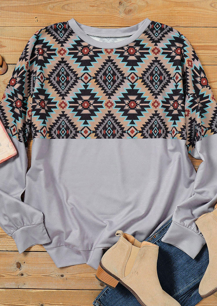 Sweatshirts Aztec Geometric Long Sleeve O-Neck Sweatshirt in Multicolor. Size: S,M,L