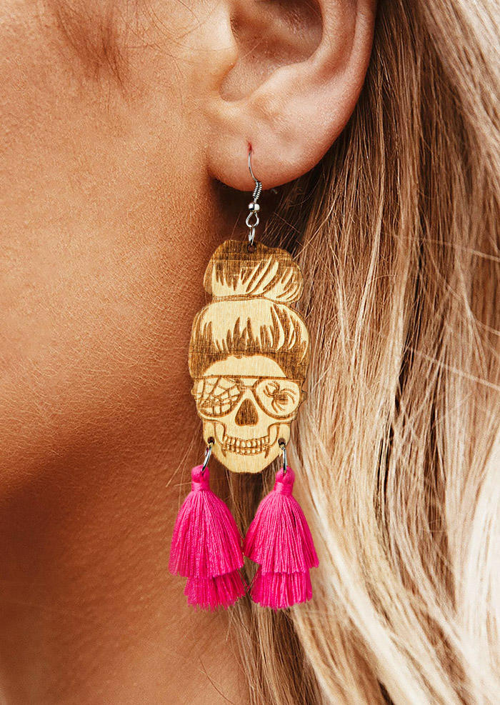 

Earrings Halloween Skull Tassel Hook Earrings in Rose Red. Size