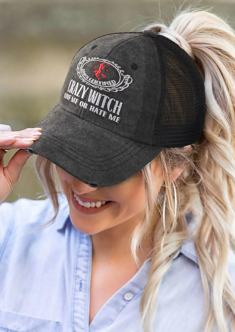 

Hats Halloween Crazy Witch Love Me Or Hate Me Ponytail Baseball Cap in Dark Grey. Size