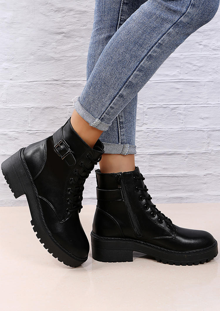 

Boots Buckle Strap Lace Up Square Heel Boots in Black. Size: ,37,38,39,40