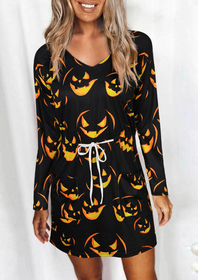 Pumpkin Face Drawstring V-Neck Mini Dress- Black