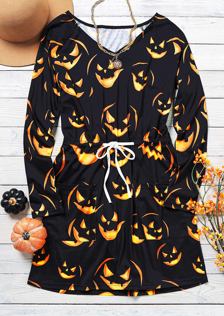 Mini Dresses Pumpkin Face Drawstring V-Neck Mini Dress- Black in Black. Size: L,M,S,XL