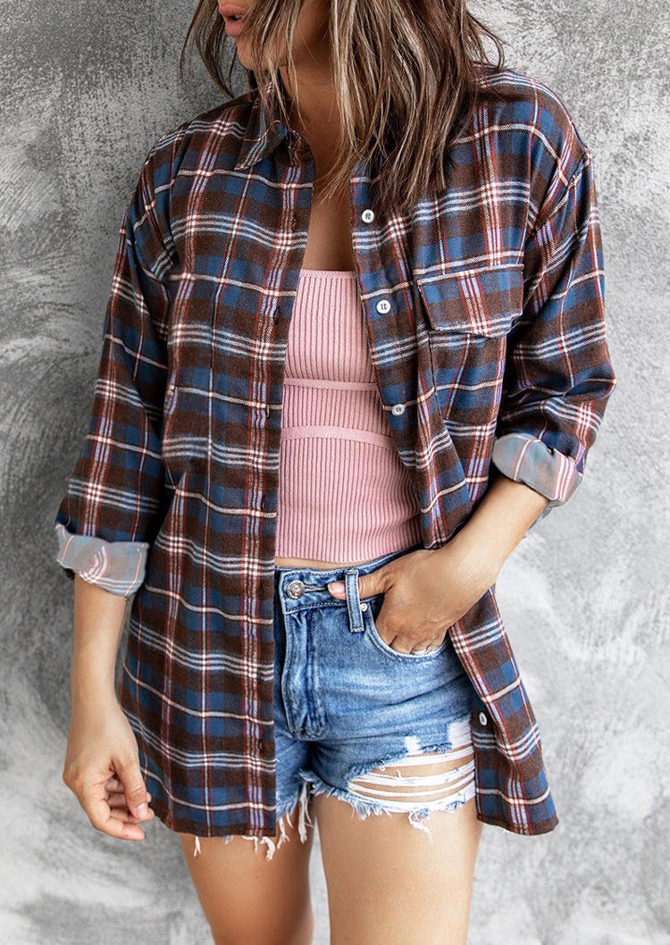 

Shirts Plaid Pocket Turn-Down Collar Shirt in Multicolor. Size: ,M