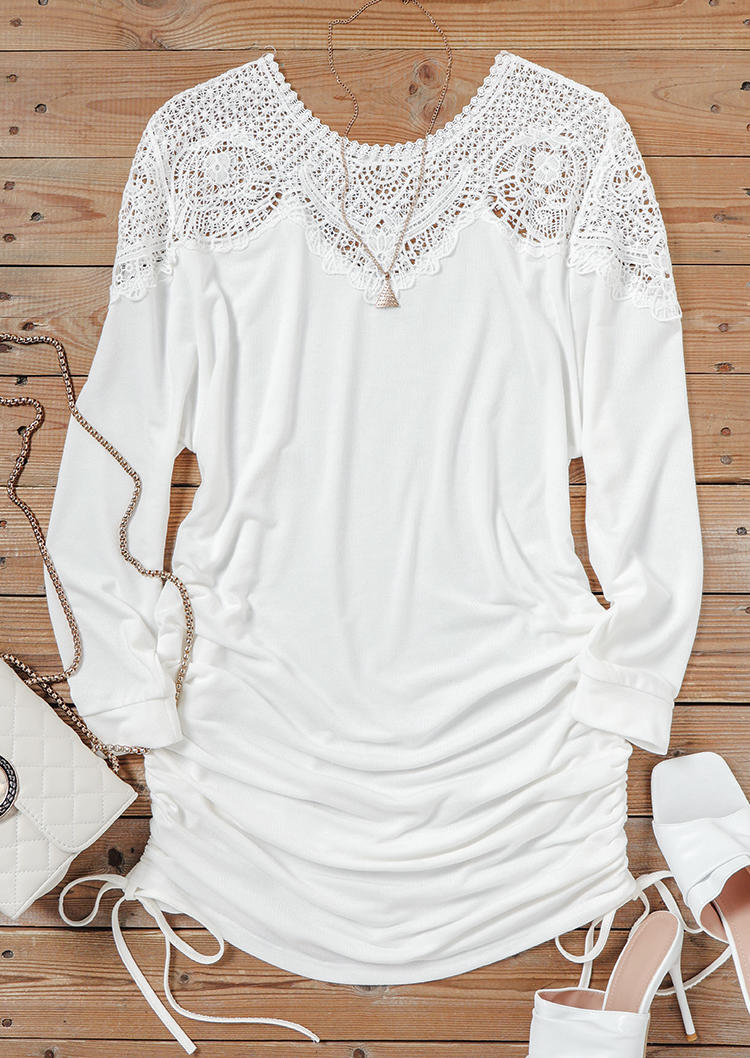 Lace Splicing Hollow Out Drawstring Mini Dress - White