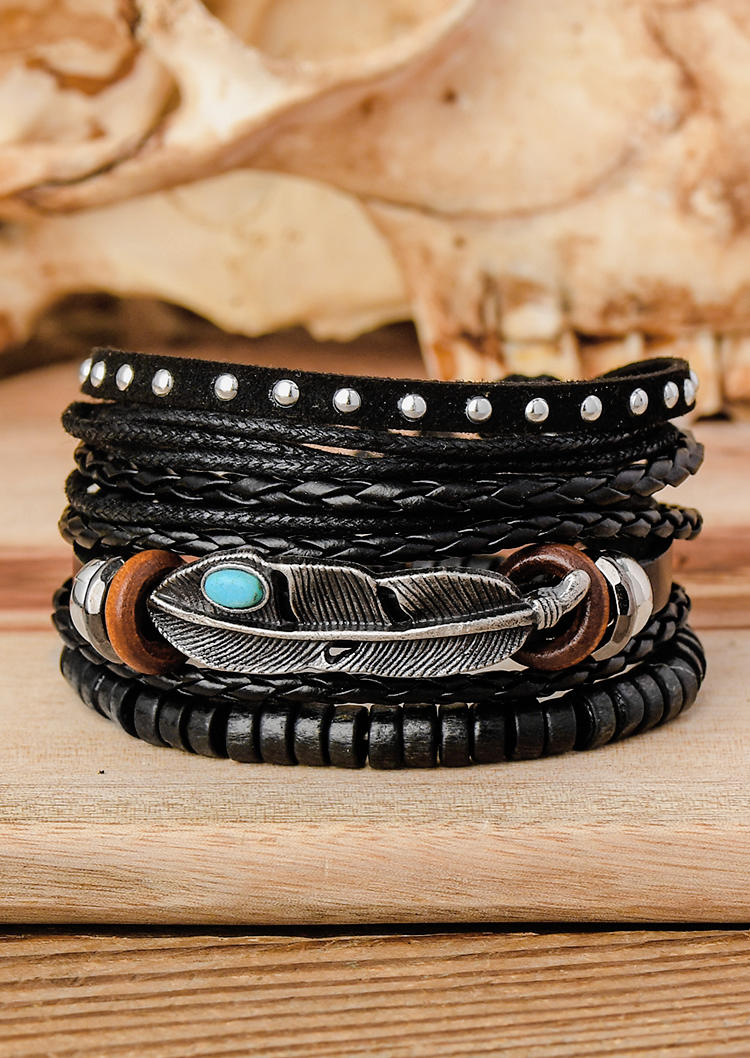 

Bracelet 3Pcs Turquoise Feather Beading Braided Bracelet in Black. Size