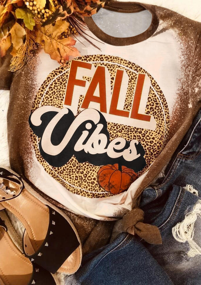 

T-shirts Tees Fall Vibes Pumpkin Leopard Bleached T-Shirt Tee in Brown. Size