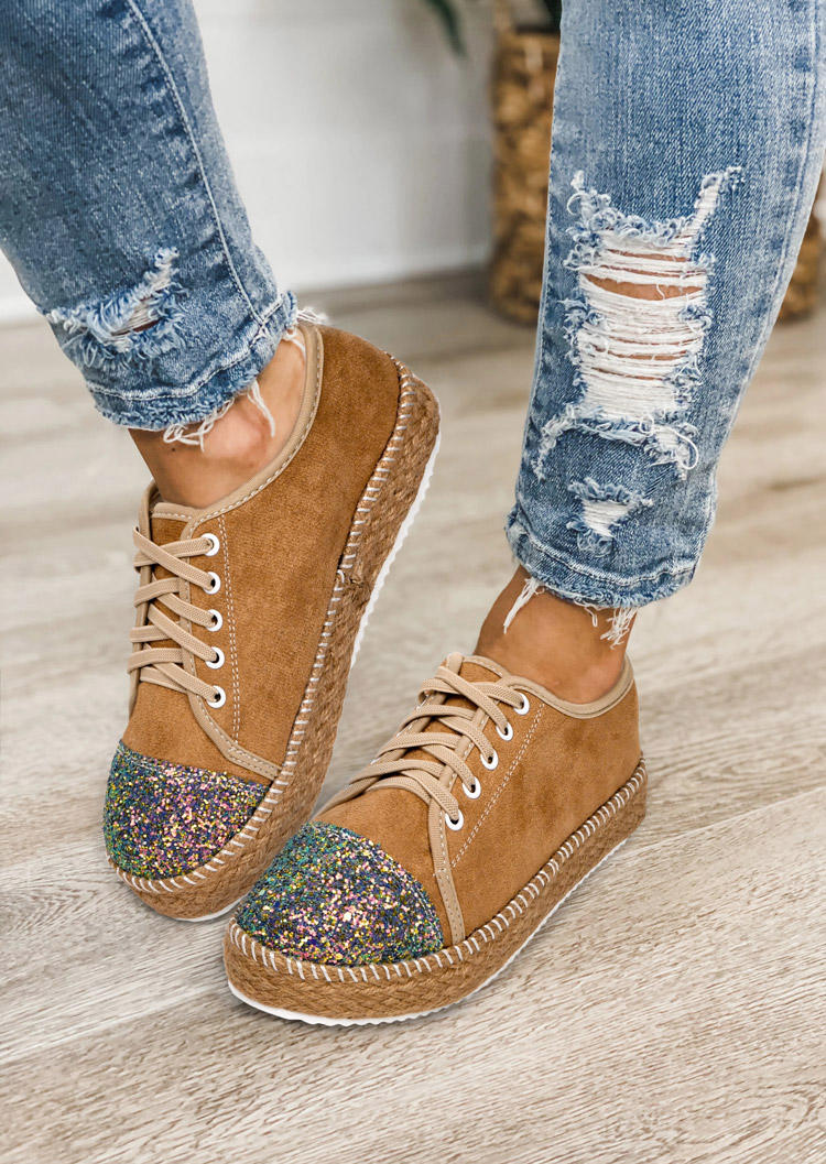 Sneakers Glitter Splicing Lace Up Flat Sneakers in Brown. Size: 37