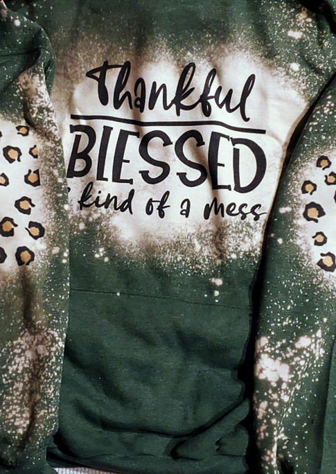 Hoodies Thankful Blessed & Kind Of A Mess Leopard Patch Hoodie in Dark Green. Size: S,M,L,XL,3XL