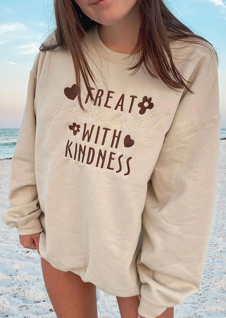 

Sweatshirts Treat Yourself With Kindness Floral Pullover Sweatshirt in Apricot. Size: ,M,L,XL