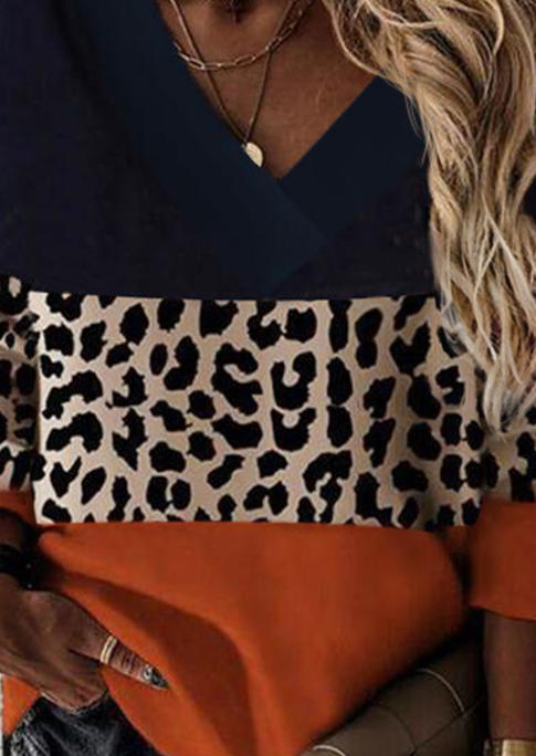 Leopard Color Block Long Sleeve Blouse