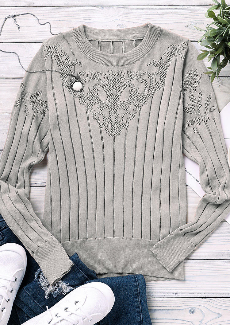 Sweaters Floral Long Sleeve O-Neck Sweater in Khaki. Size: L
